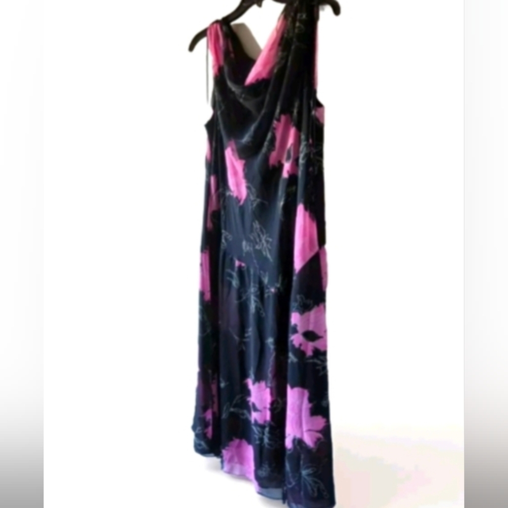 Menu 👗Designer Floral Sleeveless Dress Size 16 Black Pink White Fully lined - Picture 2 of 13